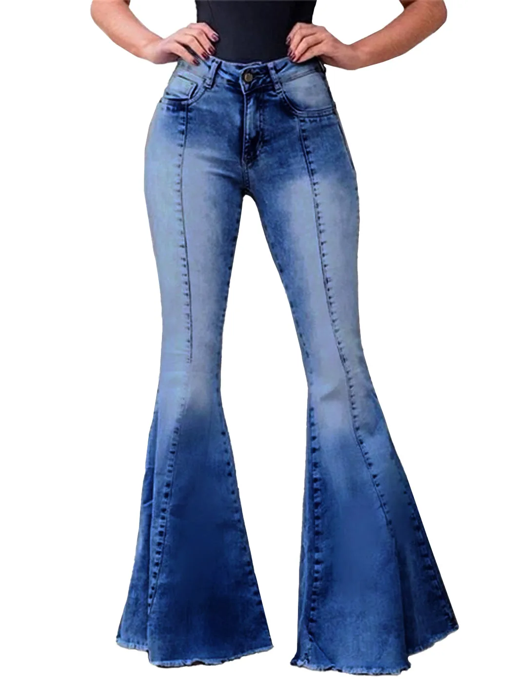 Elastic Waist Distressed Flared Long Bell Bottom Denim Jeans