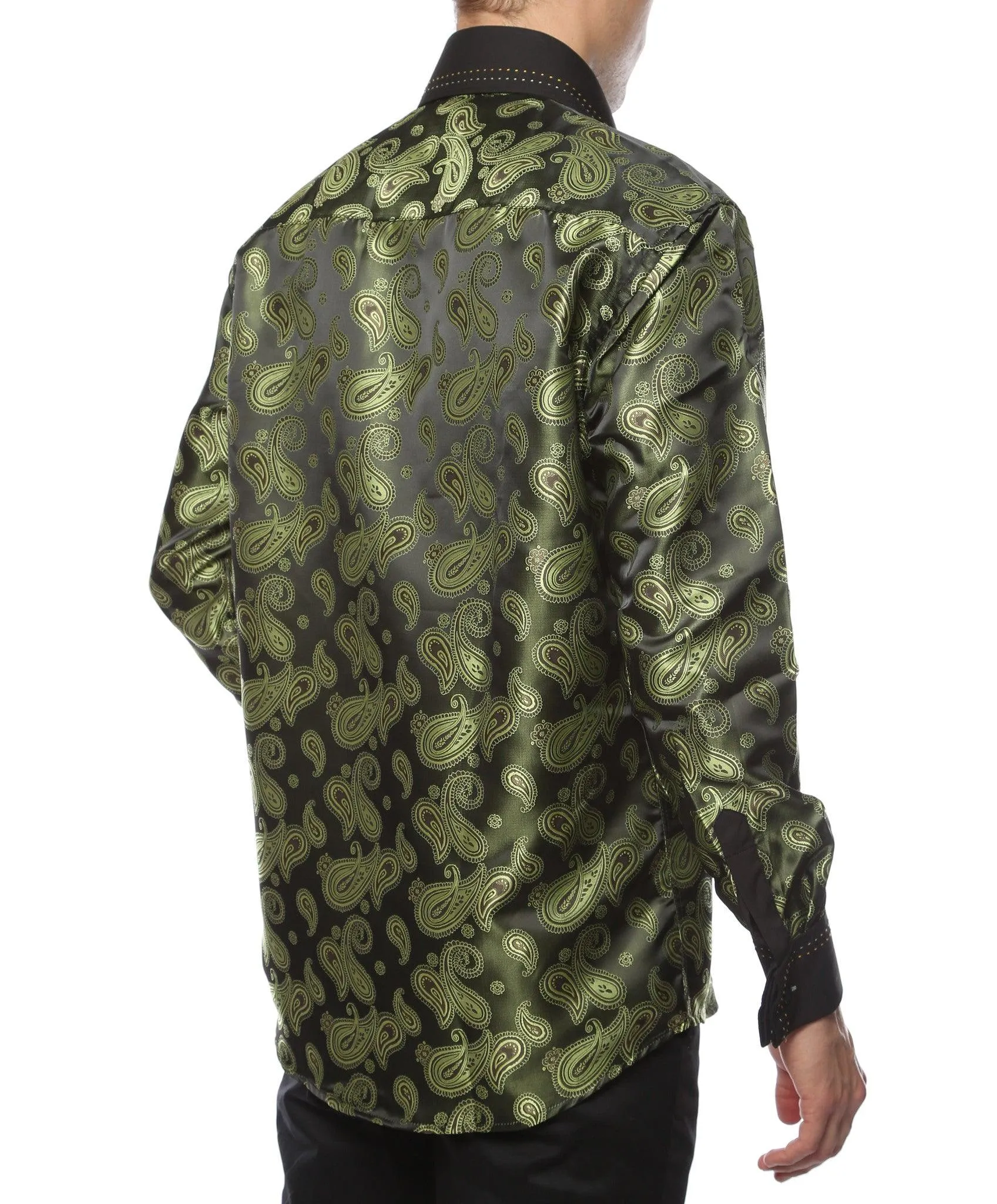 Ferrecci Men's Satine Hi-1010 Green Paisley Button Down Dress Shirt