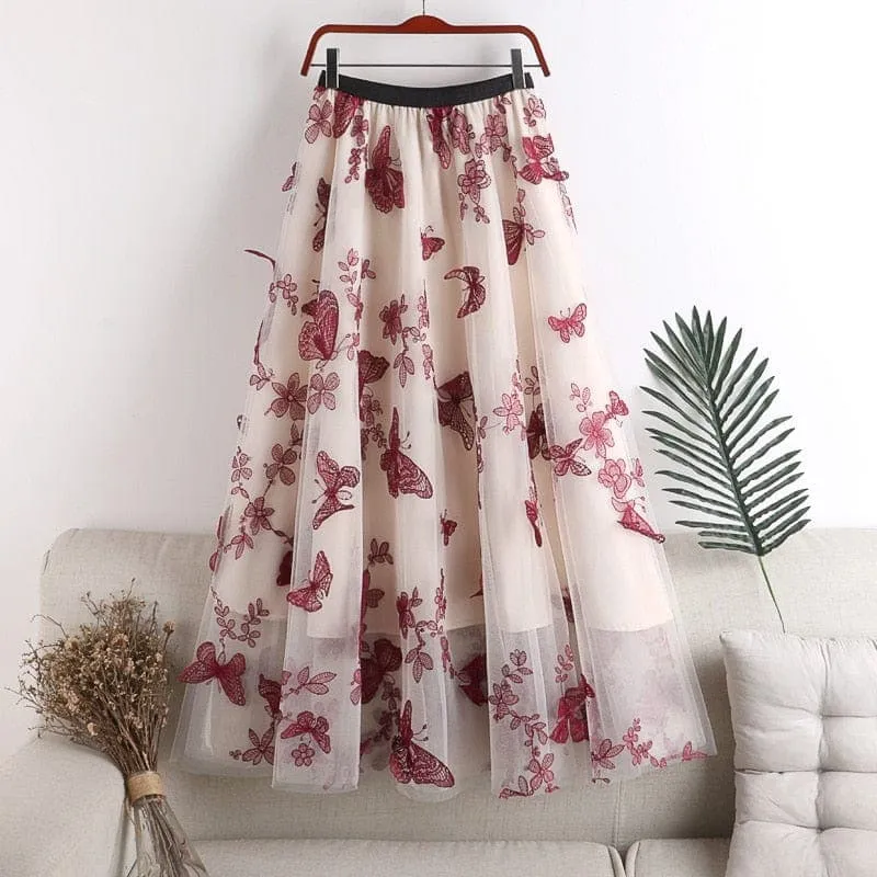 Flowers & Butterflies Asymmetrical Midi Skirt