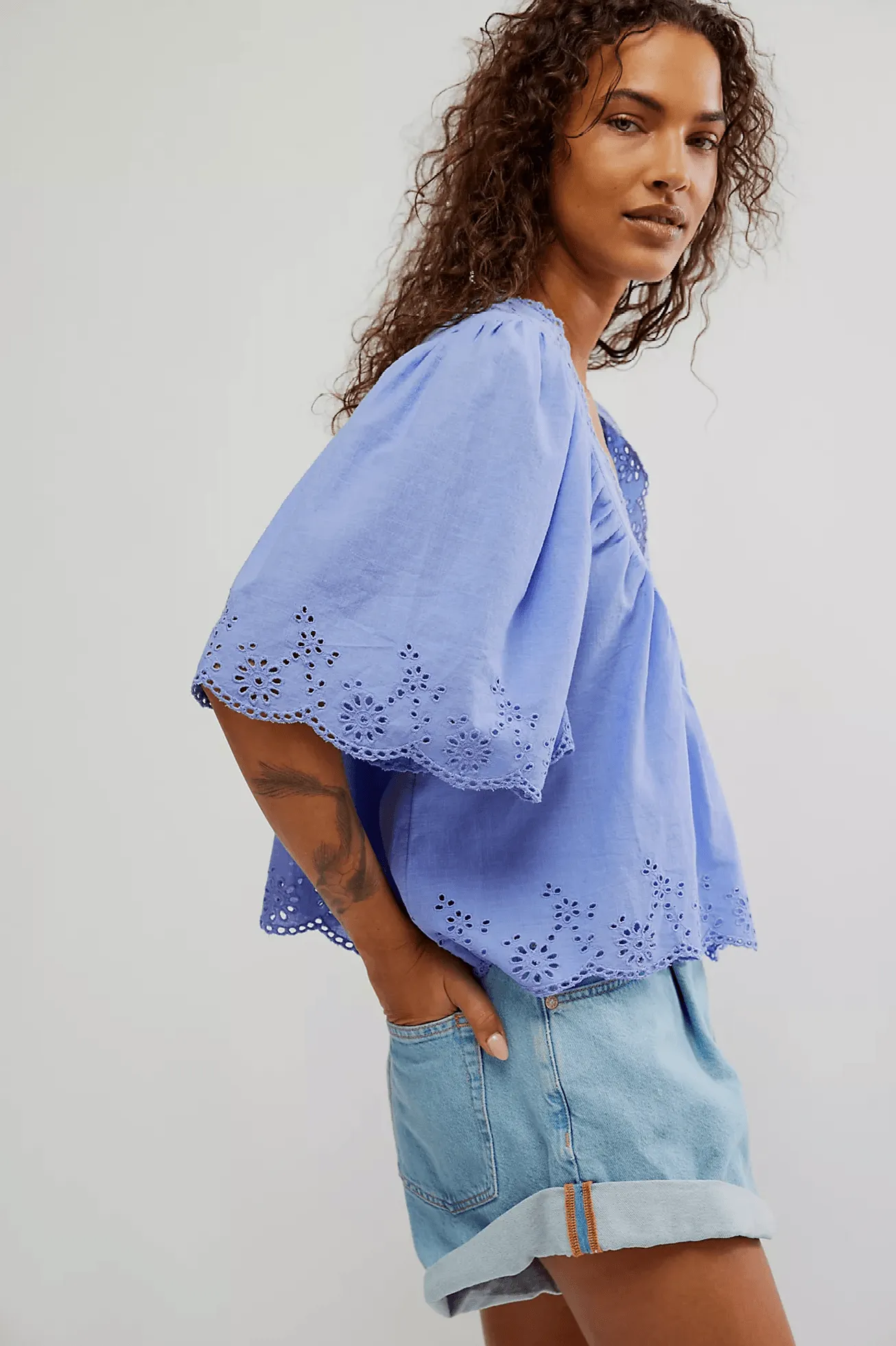 Free People Costa Eyelet Top Periwinkle