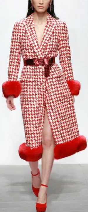 Fur-Trim Houndstooth Coat