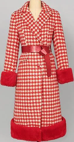 Fur-Trim Houndstooth Coat