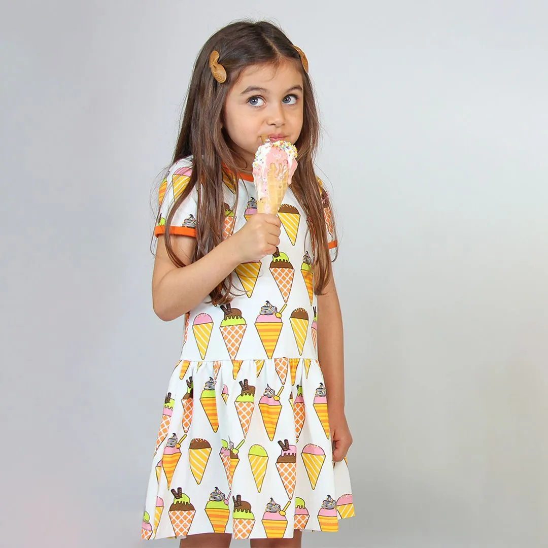 Ice Cream Short Sleeve Dress in Cream - 2 Left Size 2-3 & 11-12 years