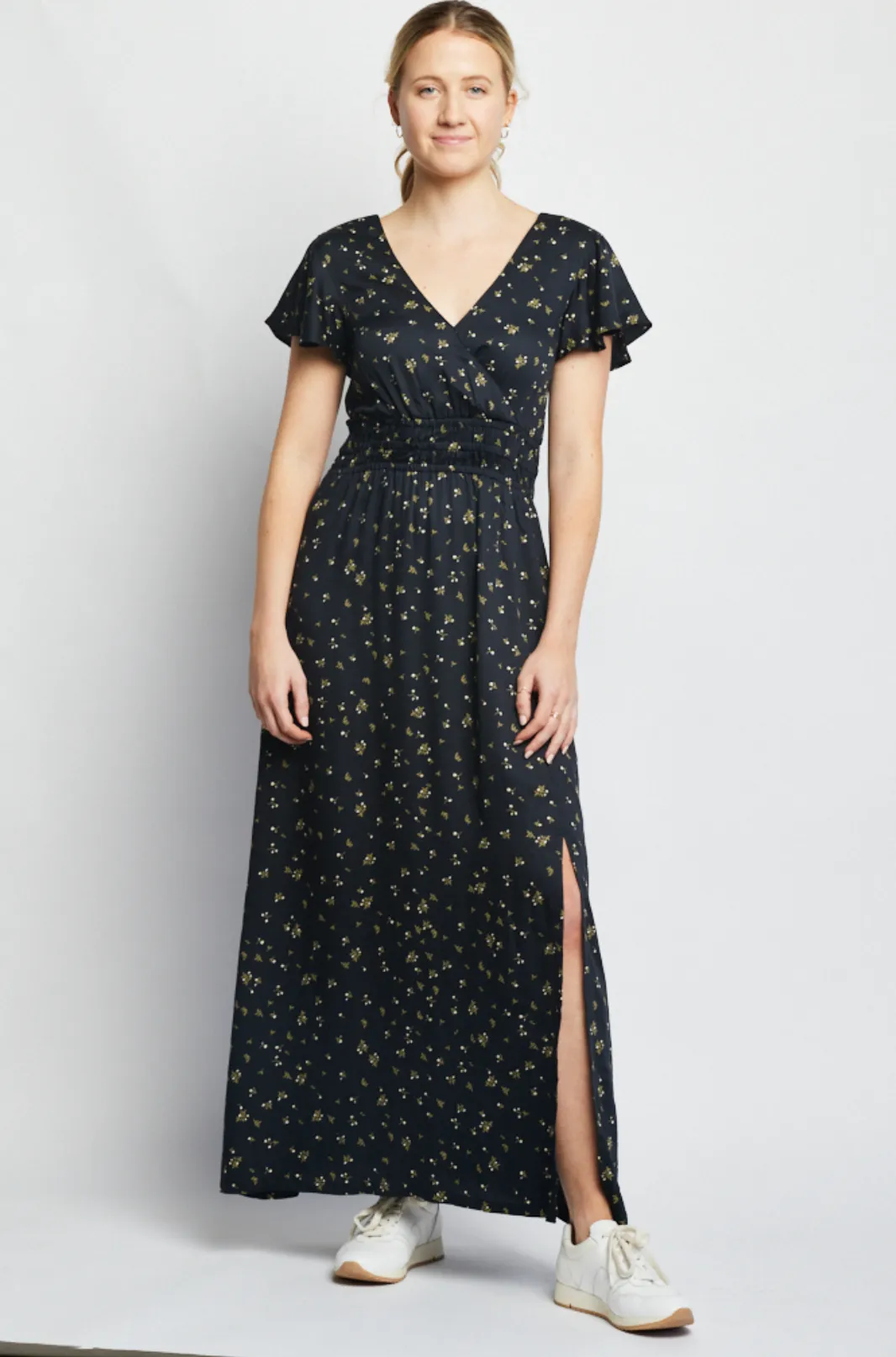 Isabella Smocked Maxi Dress in Black Scattered Rose