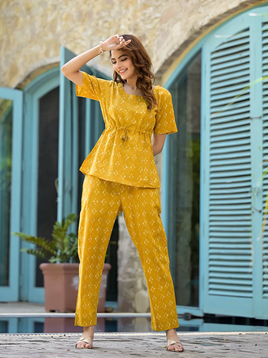 Jashvi Mustard Cotton A-line Night Suit with Adjustable Waist Dori