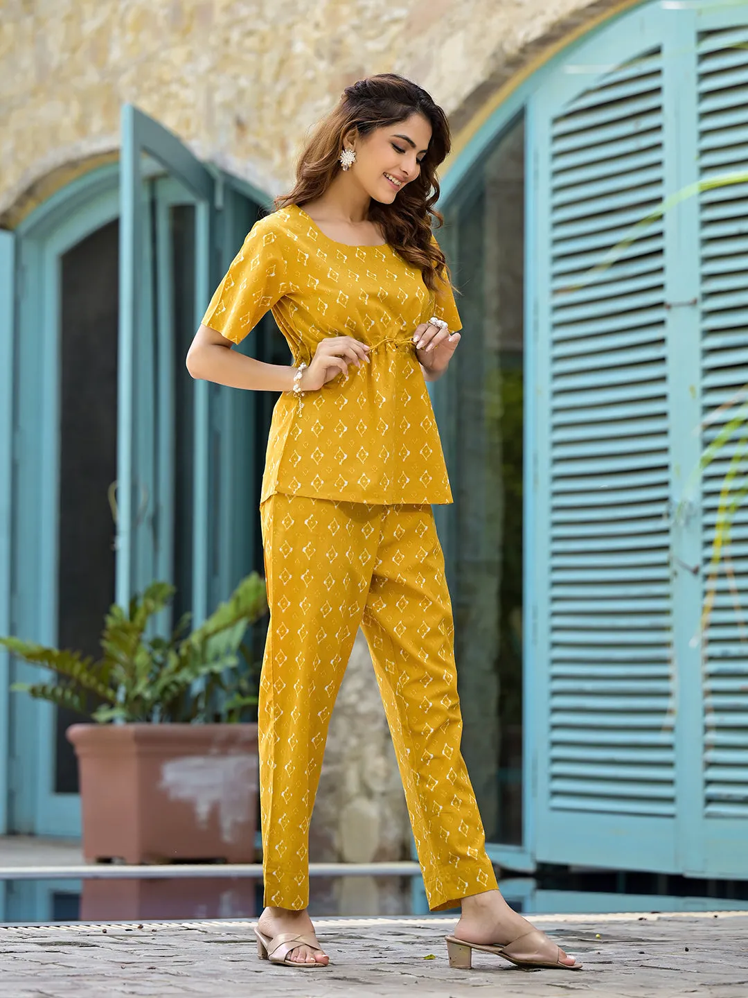 Jashvi Mustard Cotton A-line Night Suit with Adjustable Waist Dori