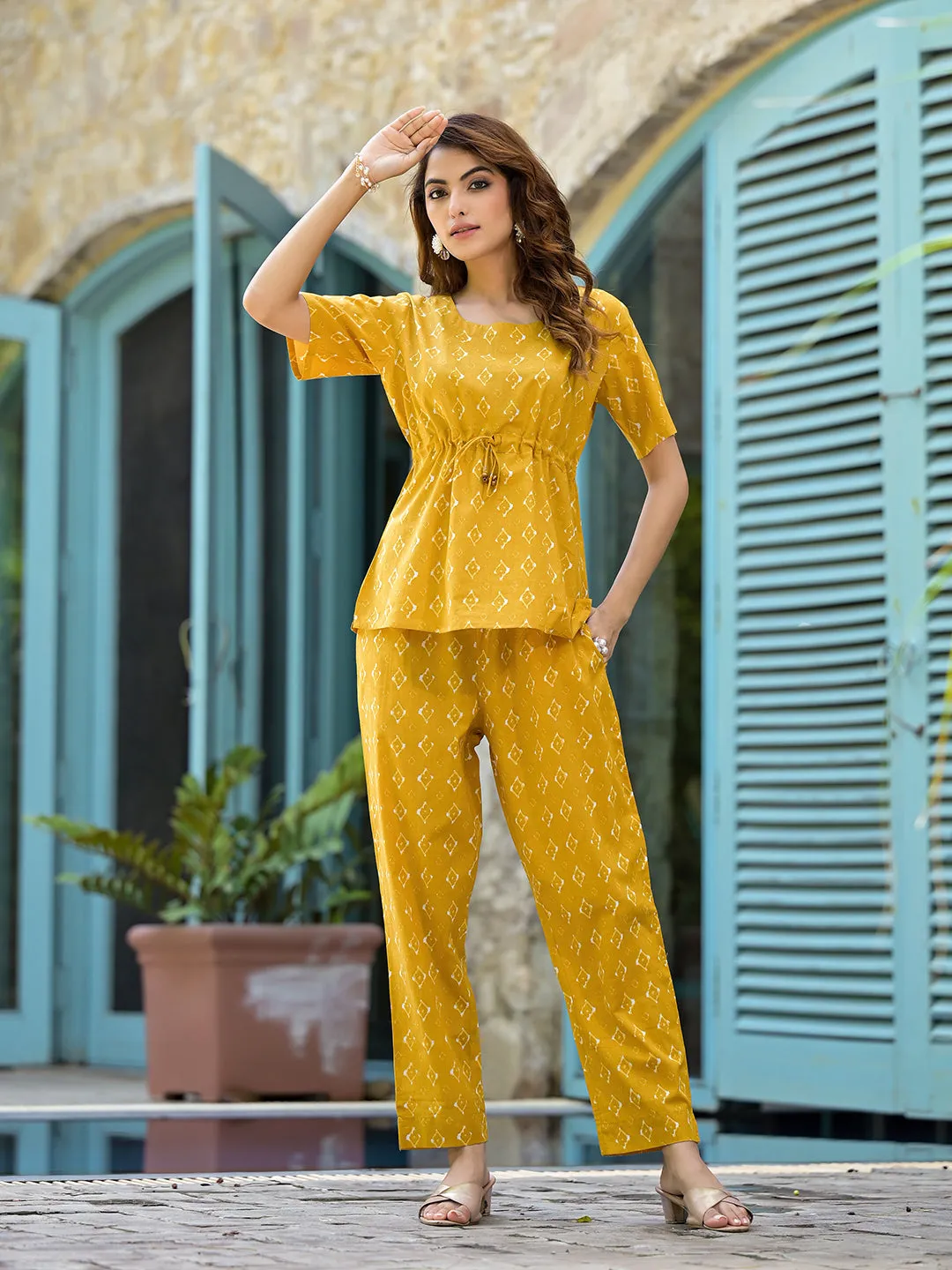 Jashvi Mustard Cotton A-line Night Suit with Adjustable Waist Dori