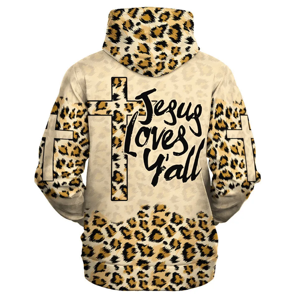 Jesus Loves Y'all Cross Leopard Skin Pattern Hoodies Jesus Hoodie Men & Women Christian Hoodie 3D Printed Hoodie