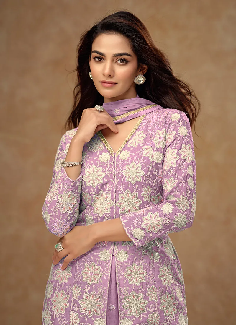 Lavender Embroidered Koti Style Kurti And Palazzo Suit