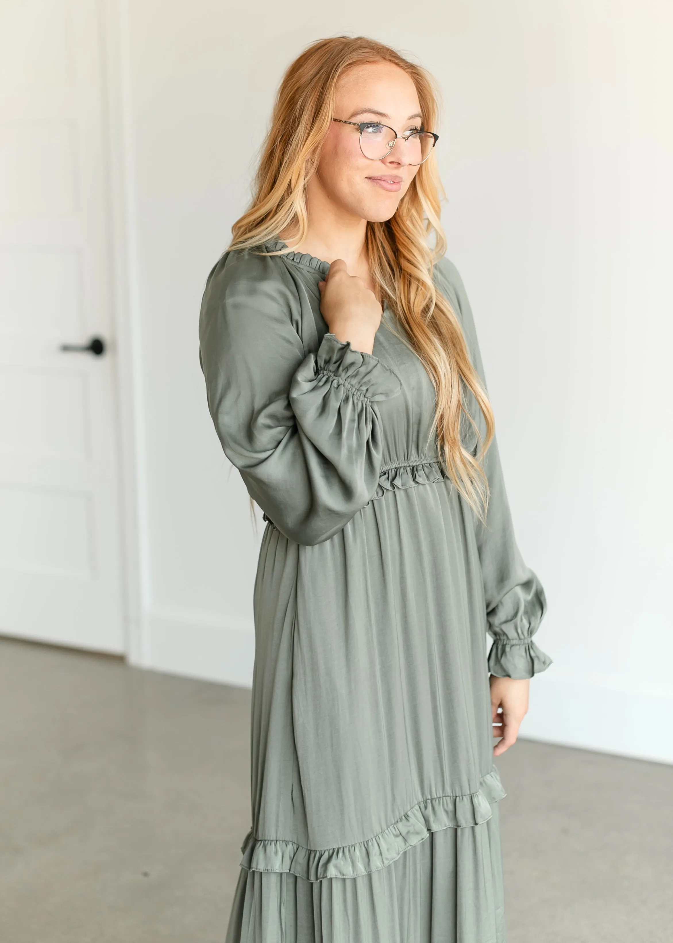 Long Sleeve V-neck Satin Maxi Dress - FINAL SALE