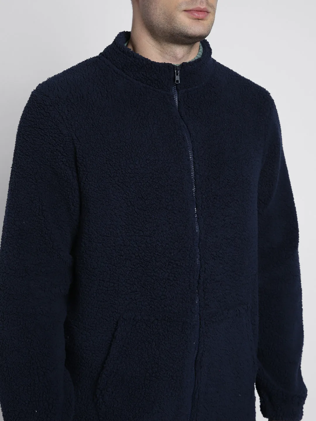 Men's High Neck Regular Fit Solid Fleece Navy Jackets