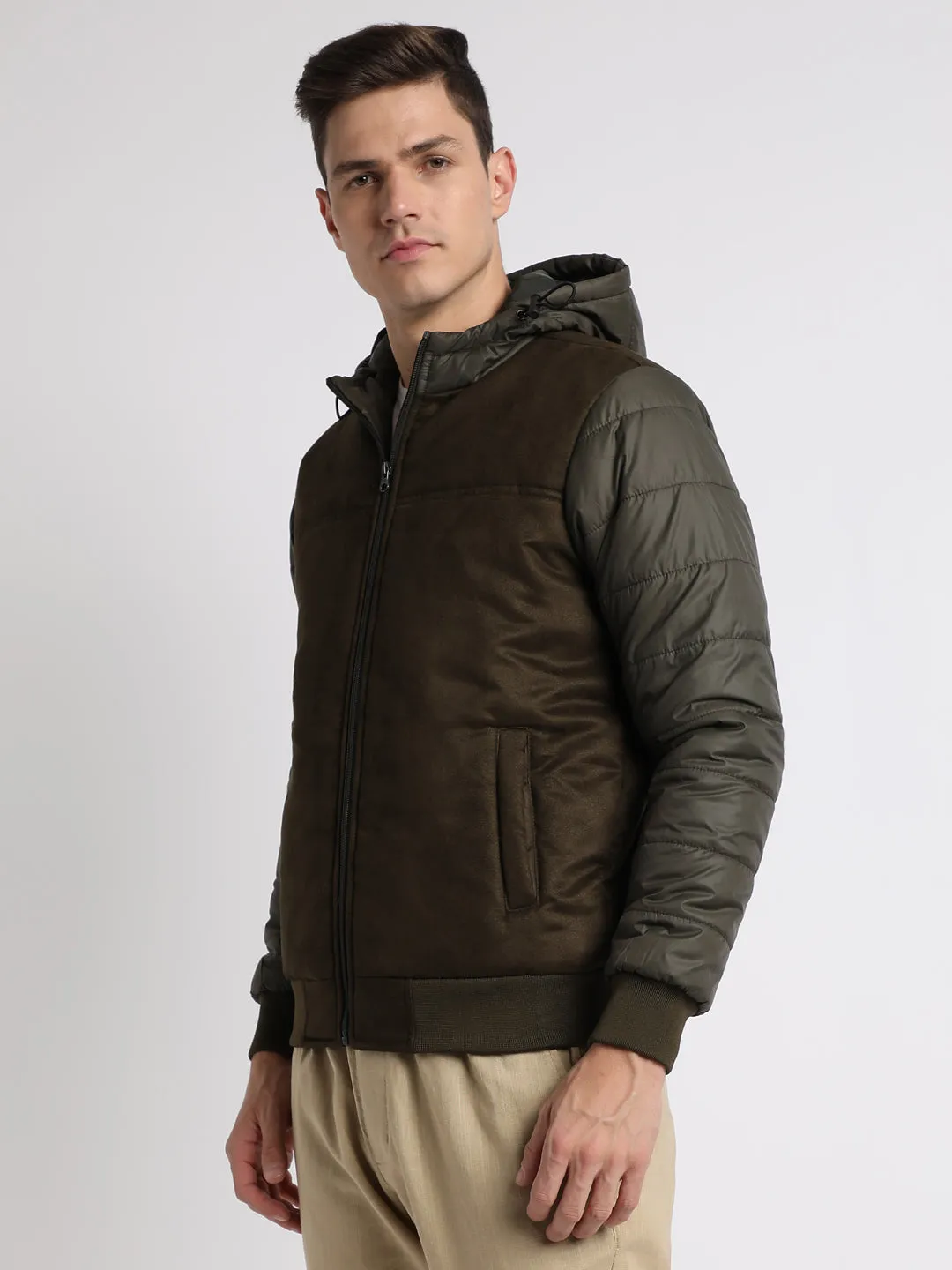 Men's Hooded Regular Fit Suede Solid Olive Jackets