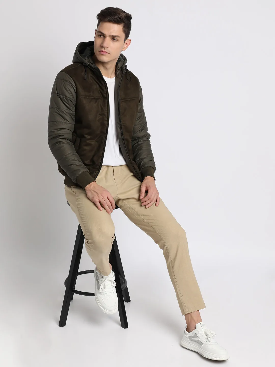 Men's Hooded Regular Fit Suede Solid Olive Jackets