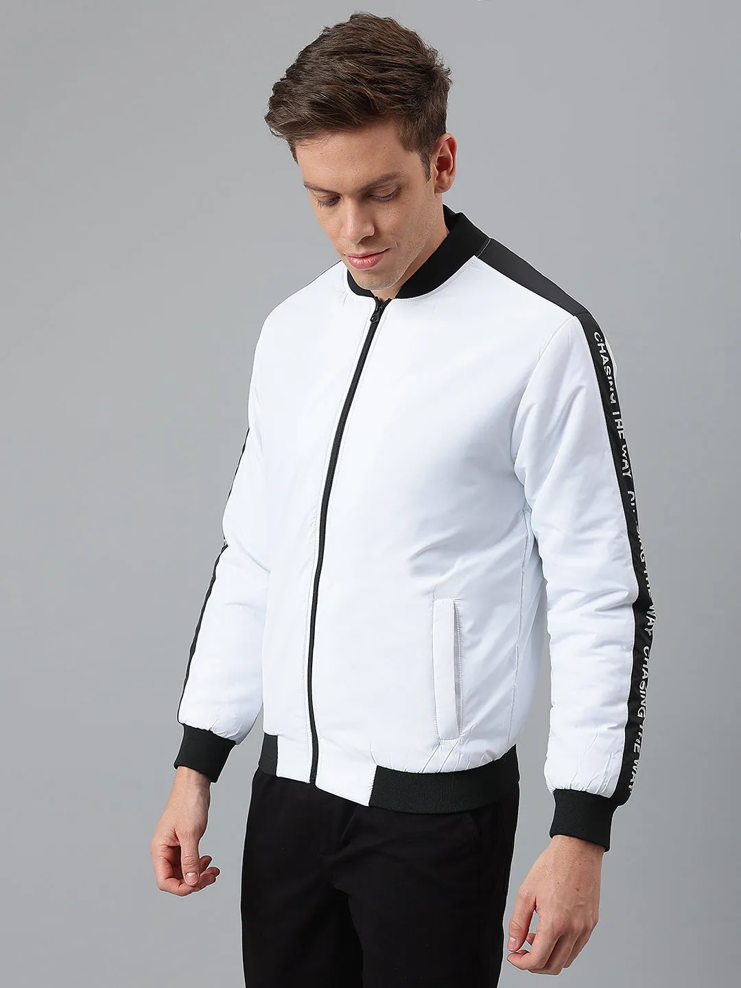 Men's White Regular Fit Winterwear Bomber Jacket