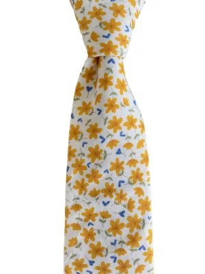 Mustard Yellow Flowers with Tiny Blue Hearts and Green Leaves Men's Tie