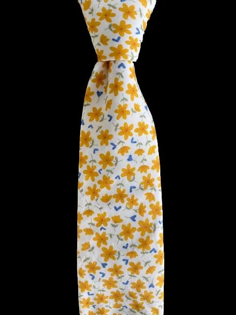 Mustard Yellow Flowers with Tiny Blue Hearts and Green Leaves Men's Tie