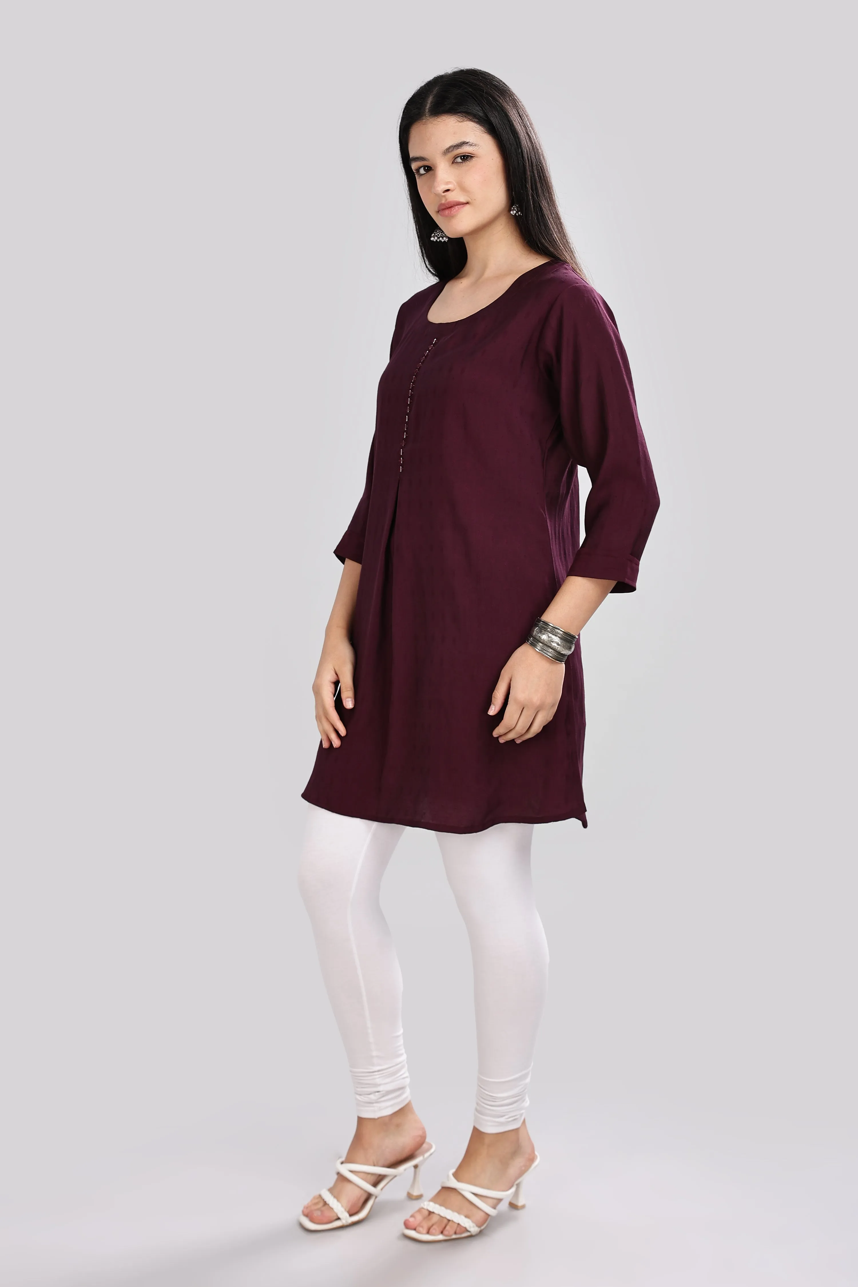 Mythri Round Neck Embroidered Top With 3/4th Sleeve  - Violet - TO20