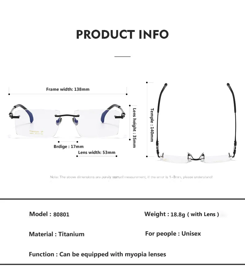 Oveliness Unisex Rimless Square Titanium Eyeglasses 80841