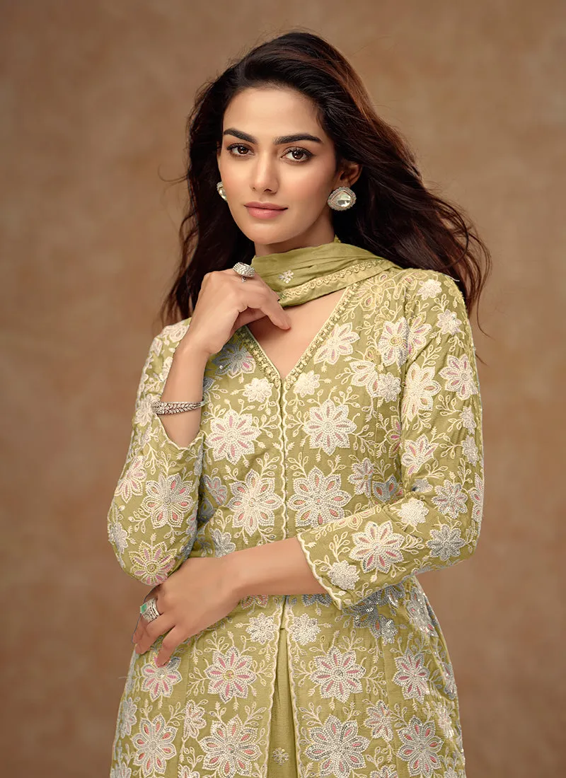 Pastel Green Embroidered Koti Style Kurti And Palazzo Suit