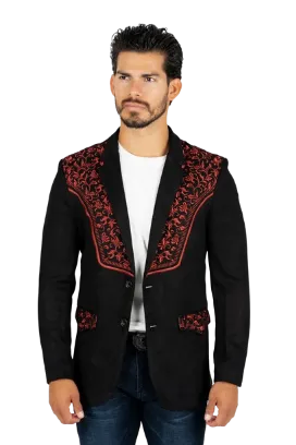 Platini Men's Black/Burgundy Embroidered Suede Blazer Suits