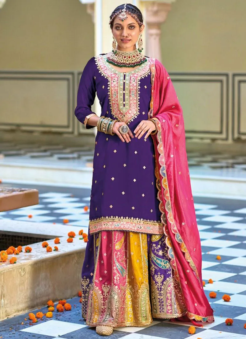 Purple And Pink Multi Embroidery Festive Lehenga Kurti