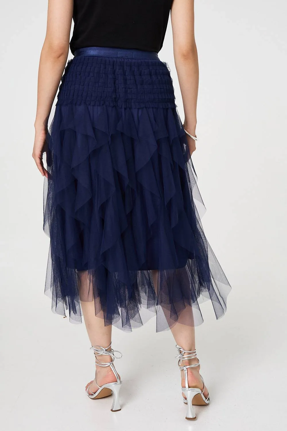 Ruffled Sheer Mesh High Waist Midi Skirt