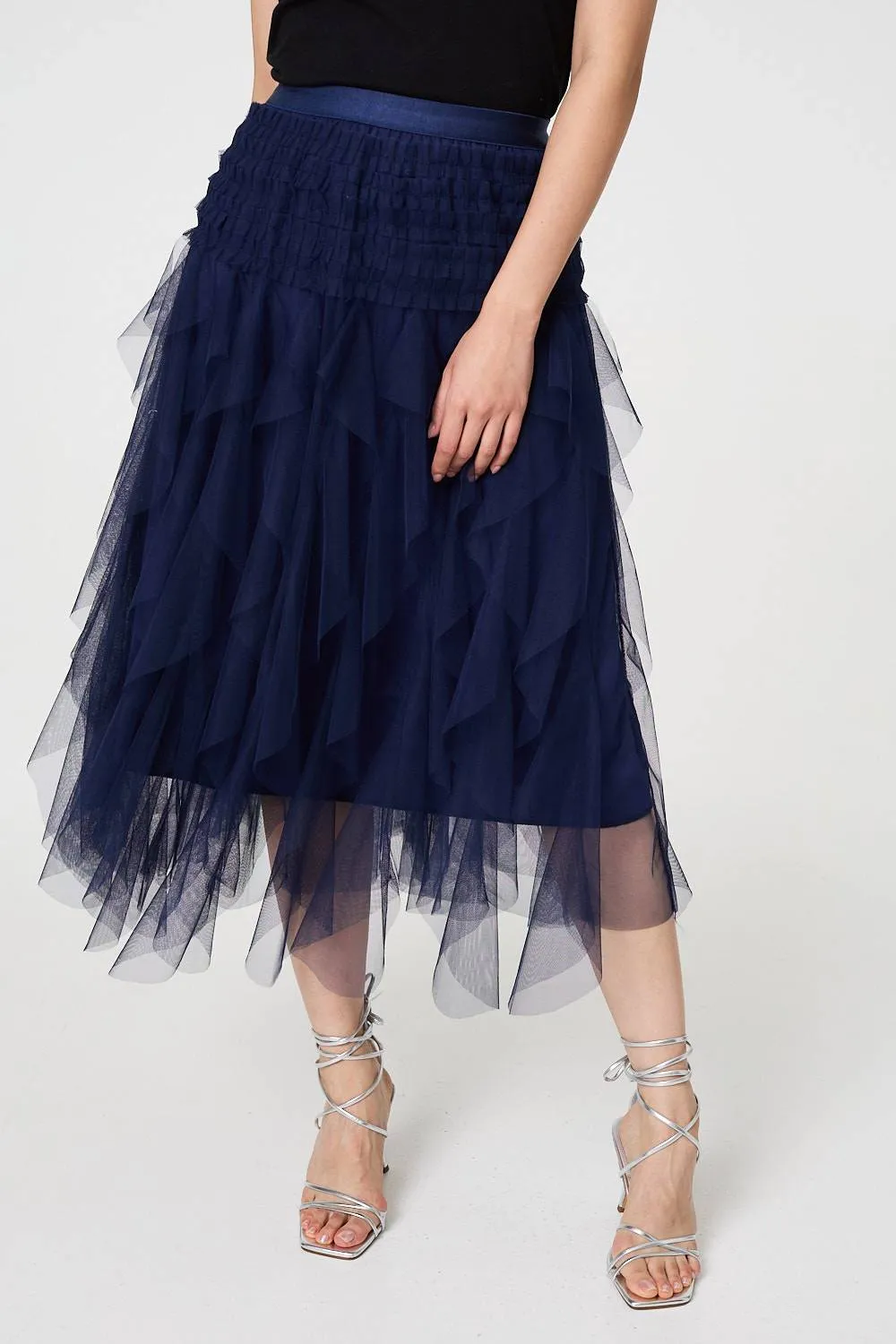 Ruffled Sheer Mesh High Waist Midi Skirt