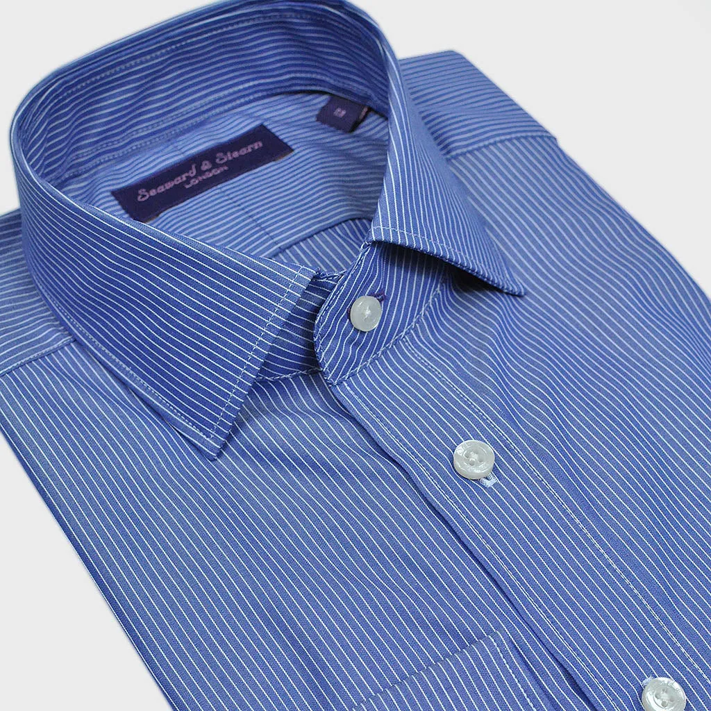 Spread Collar Blue Hairline Stripe Cotton Shirt