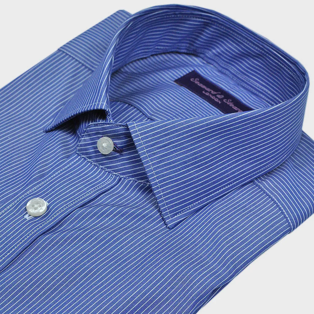 Spread Collar Blue Hairline Stripe Cotton Shirt