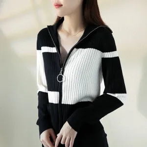 Sweaters Women's Plus Size Knit 2021 Autumn Fashion Knitted Woollen Zipper Splicing Warm Cardigan Jumper Jerseys Sweater Woman