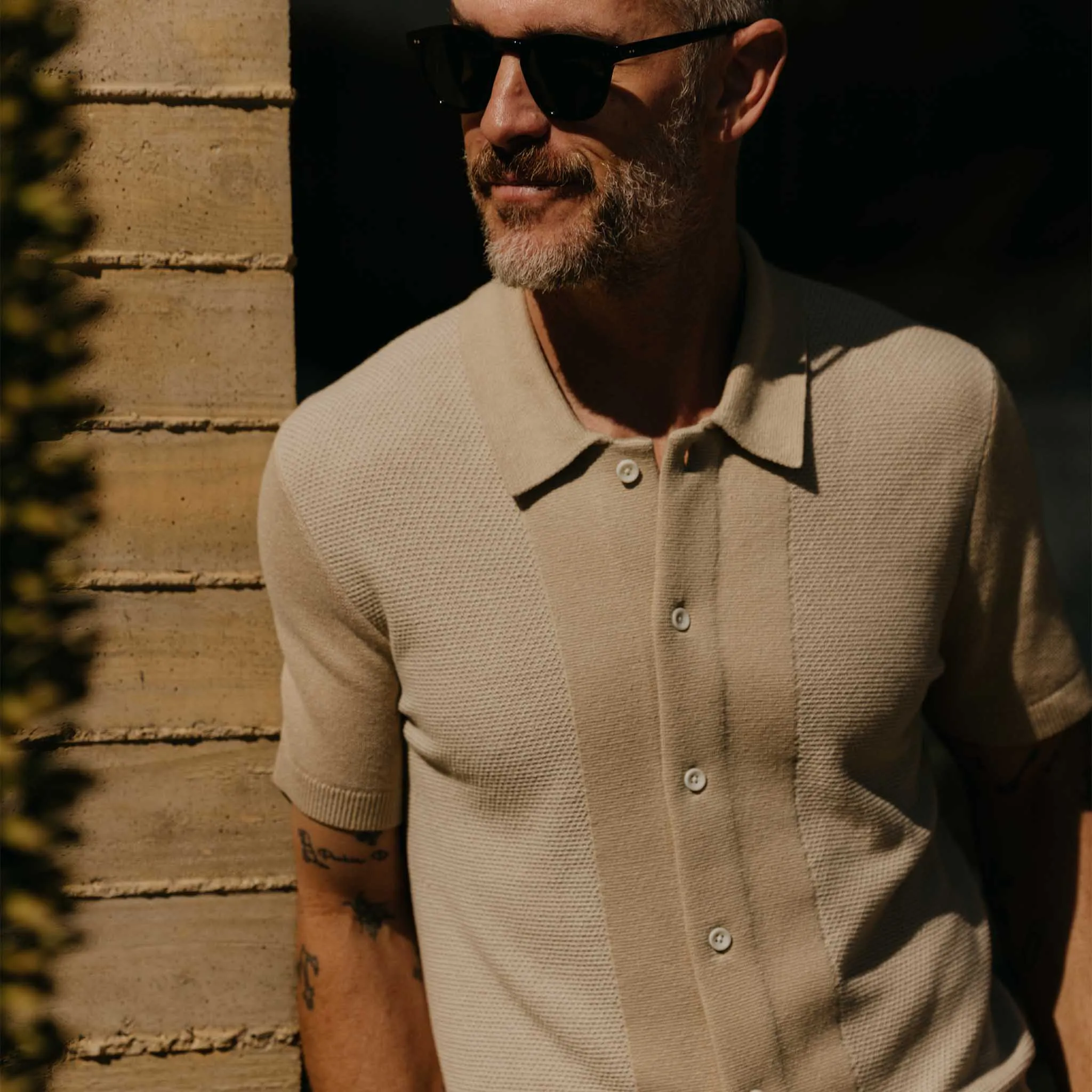 The Button Down Polo in Faded Khaki Seed Stitch