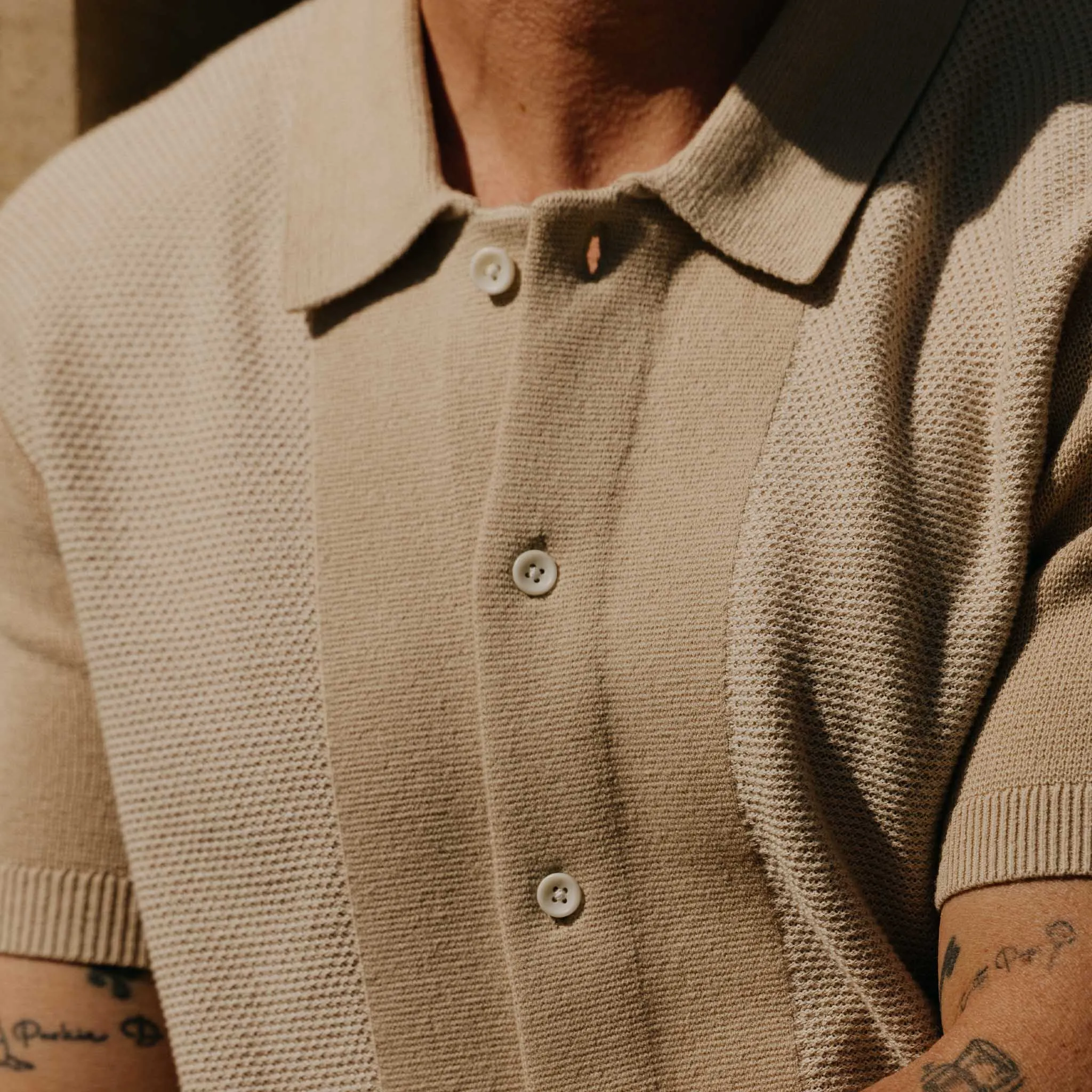 The Button Down Polo in Faded Khaki Seed Stitch