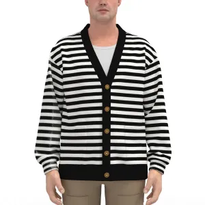 Unisex Black Stripe Cardigan | Retro Black and White Knit Cardigan | Fleece Lined Winter Sweater