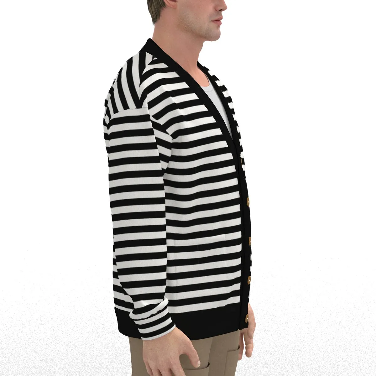 Unisex Black Stripe Cardigan | Retro Black and White Knit Cardigan | Fleece Lined Winter Sweater