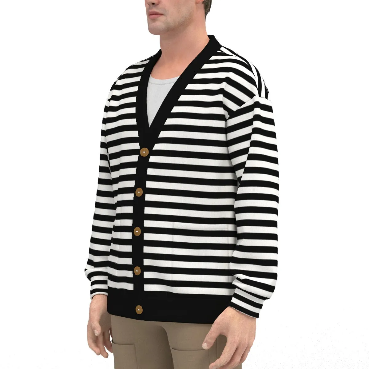 Unisex Black Stripe Cardigan | Retro Black and White Knit Cardigan | Fleece Lined Winter Sweater