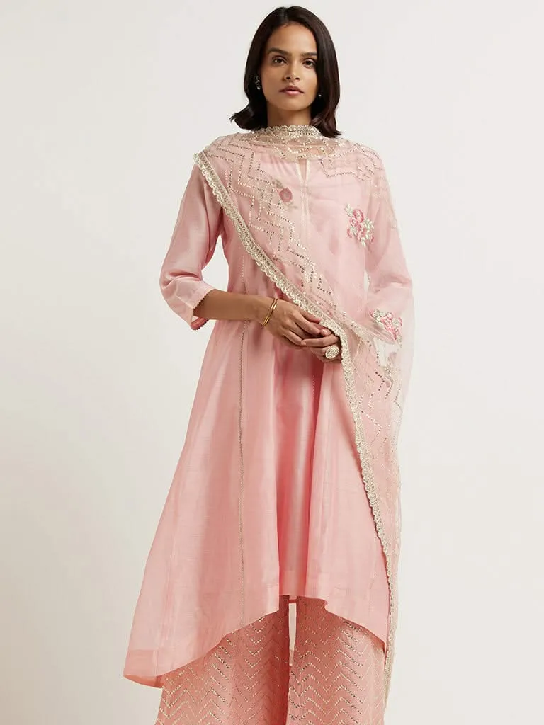 Vark Soft Pink Kurta, Palazzos & Dupatta Set