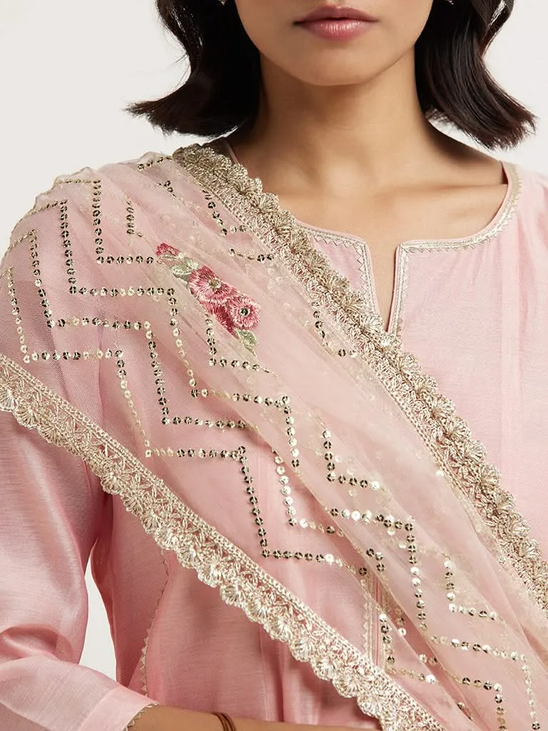 Vark Soft Pink Kurta, Palazzos & Dupatta Set