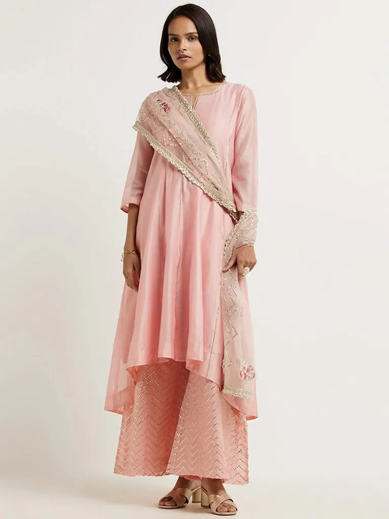 Vark Soft Pink Kurta, Palazzos & Dupatta Set