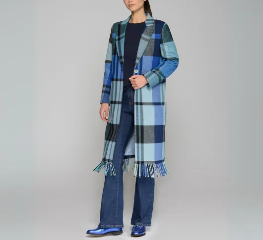 Vilagallo - Wool Blend Plaid Coat with Fringe in Azul