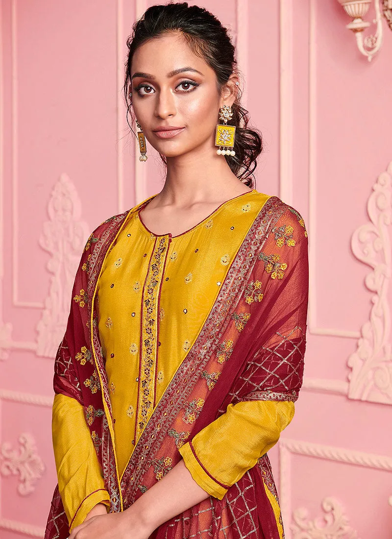 Yellow And Red Designer Pakistani Pant Suit